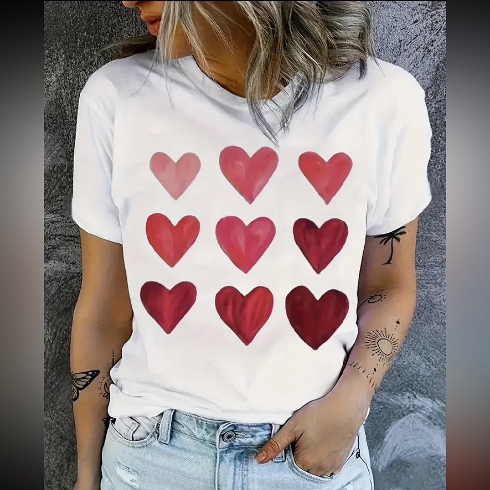 New 100% Cotton Heart Short Sleeve Graphic Tee White Red Pink T-shirt